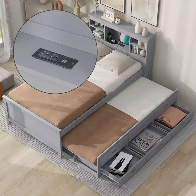 Platform Bed with Trundle and Drawers, Storage Platform Bed with USB, Wood Platform Bed with Bookcase
