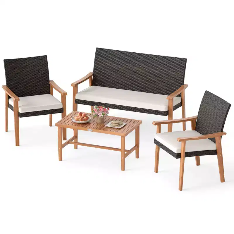 Costway 4 PCS Patio Furniture Set with Acacia Wood Coffee Table & Soft Cushions for Garden