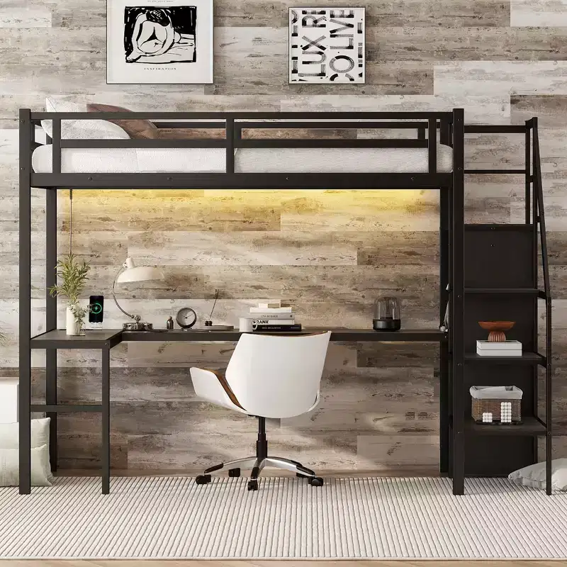 Twin XL Loft Bed with L-Shaped Desk, Wardrobe, Stairs, USB, LED & Storage Shelves – Black