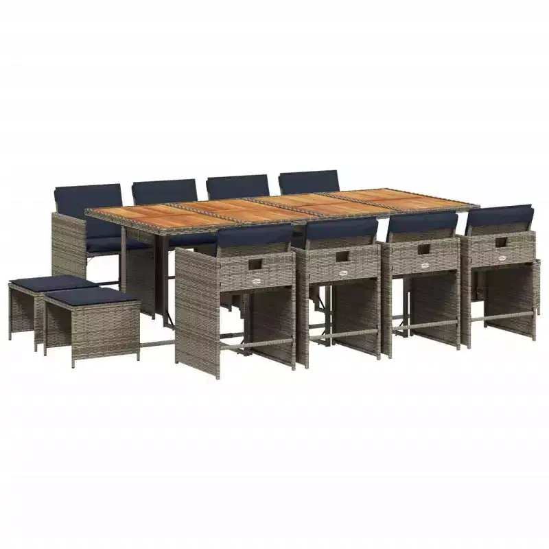 vidaXL Patio Dining Set Set of 12 Gray PE rattan 13 Piece Set Foldable