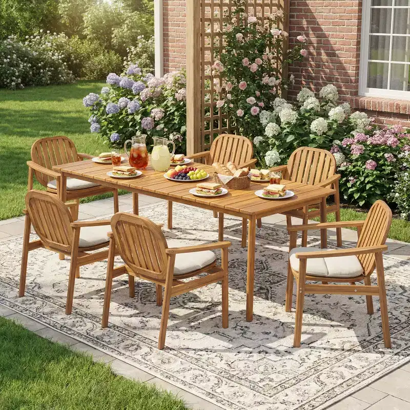 Christopher Knight Home Priya Farmhouse 7 Piece Acacia Wood Patio Dining Set with Rectangular Slatted Table