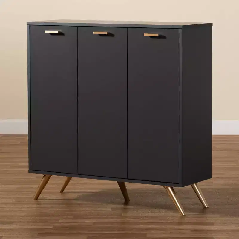 Wood 3 Door Cabinet Dark Gray/Gold: Entryway Organizer with 4 Shelves