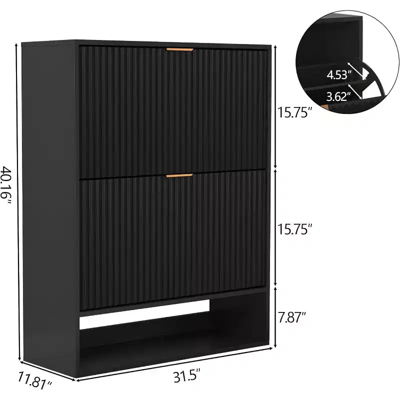 Slim Mid-Century Modern Shoe Cabinet, Flip Drawer Entryway Organizer with Adjustable Dividers and Hooks