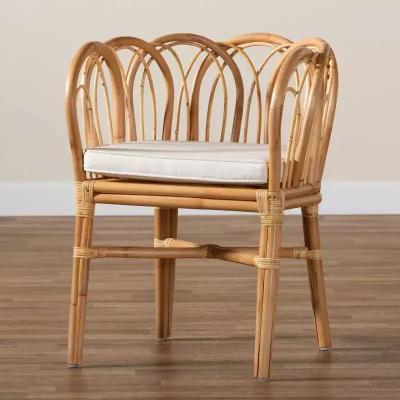 Handmade Natural Rattan Accent Chair in Natural and White with Curved Design
