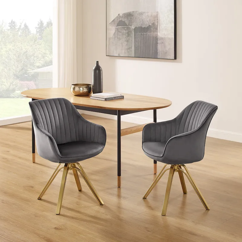 Art Leon Set of 2 Velvet Swivel Dining Chair with Golden Legs
