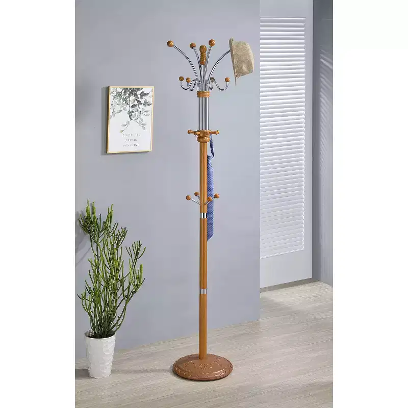 73-Inch Freestanding Coat Rack - Metal & Oak Wood, 5 Hooks