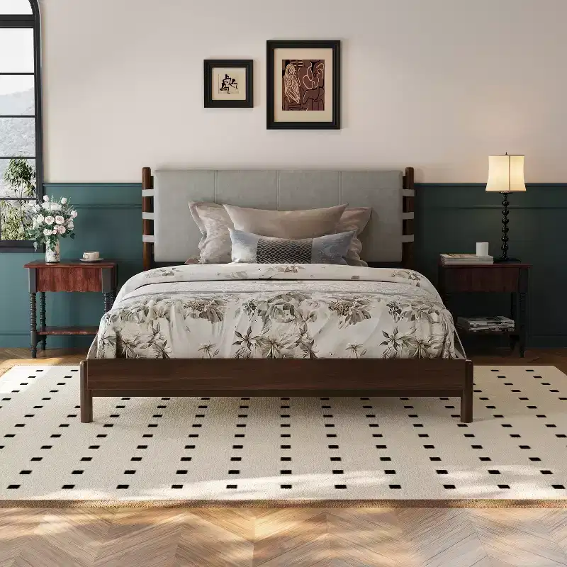 Christopher Knight Home Evelyn Mid-Century Modern Rubberwood Bed with Upholstered Headboard