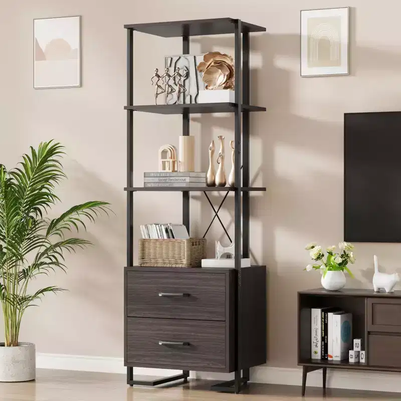 4 Tier Bookshelf with Storage Drawers,70.9 Inch Tall Industrial Book Shelf with Open Display Shelves