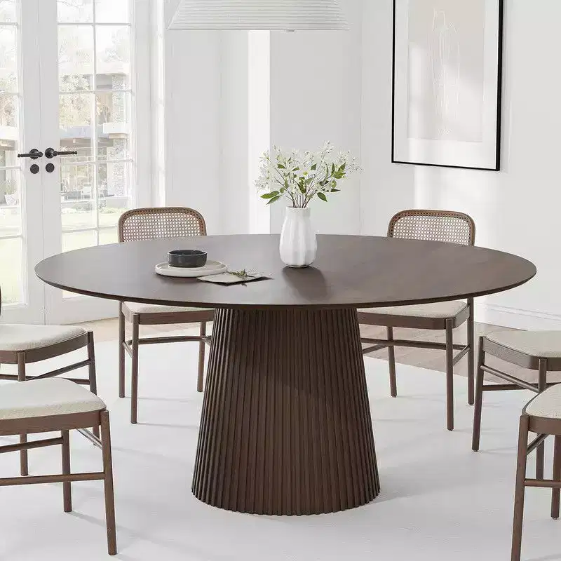 PexFix 60 Round Dining Table for 6 People Modern Pedestal Table with Fluted Cone Base & Wood MDF Top for Small Space Kitchen Dining Room Cafe Walnut