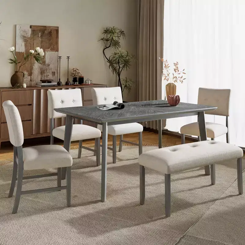 6 Piece Vintage Dining Table Set for 6, Farmhouse Dining Set with 4 Upholstered Dining Chairs & Bench, Natural Wood Wash/Gray - ModernLuxe