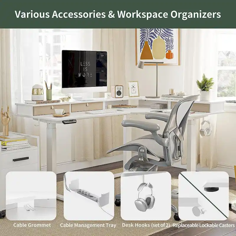 L-Shaped Electric Standing Desk with 3 Drawers & Lockable Casters, 63