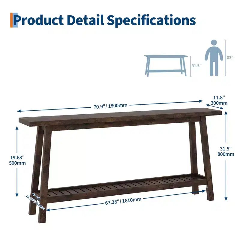 71 Inch Console Table with Storage, Extra Long Narrow Sofa Table, 2-Tier Industrial Farmhouse Entryway Table