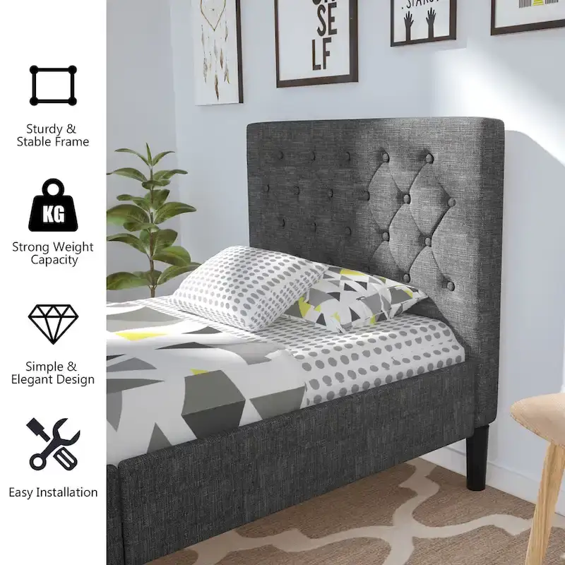 Twin Upholstered Bed Frame Diamond Stitched Headboard Wood