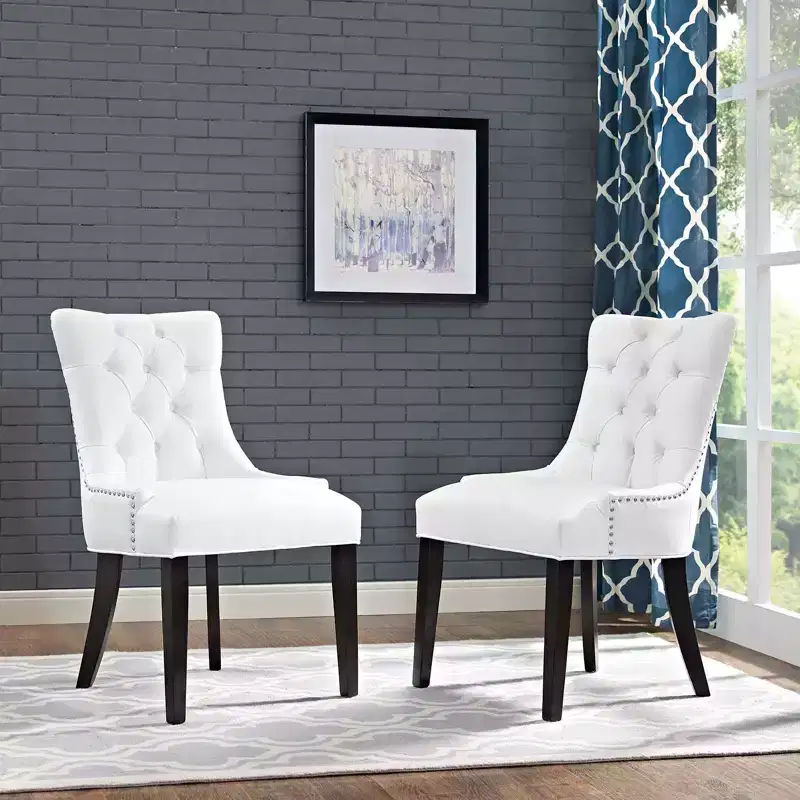 Set of 2 Dining Side Chair Vinyl White: Tufted, Nailhead Trim, Padded, Wood Legs