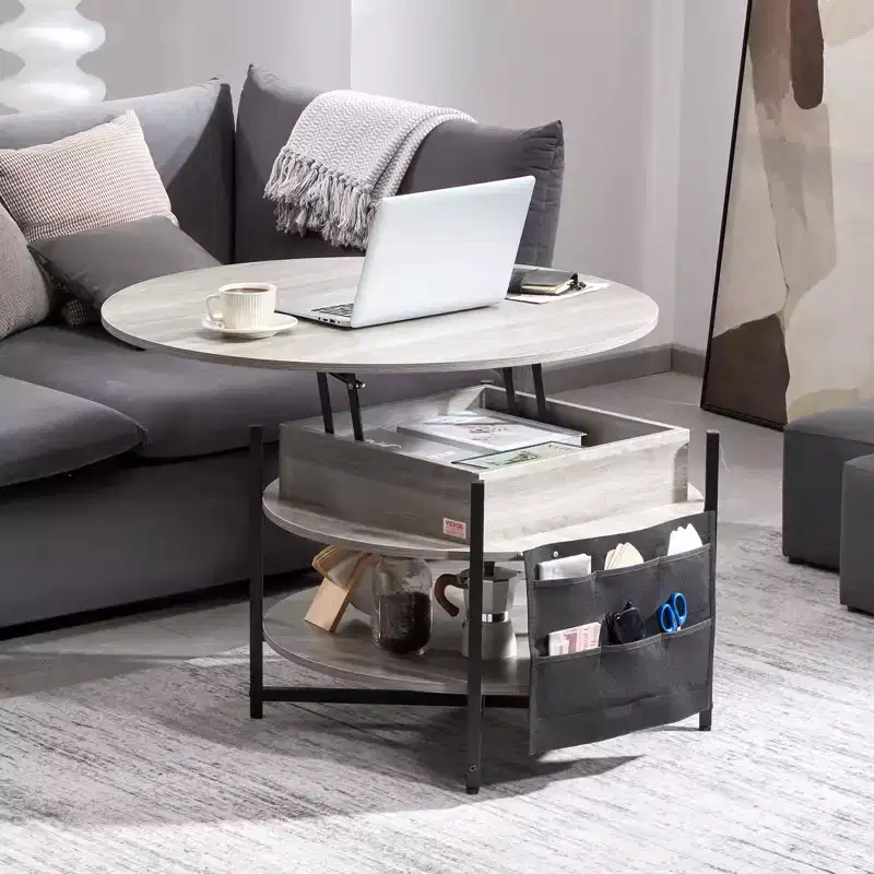 VEVOR Lift Top Coffee Table, 35.3 in Round Coffee Table with Extra Storage Pockets, Pop Up Coffee Table for Living Room, Dark gray