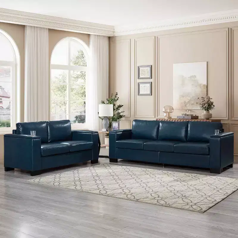 MAYEERTY Two Pieces 2+3 Seater Sectional Sofa with Cup Holder Square Arm Upholstered Faux Leather for Living Room Navy Blue
