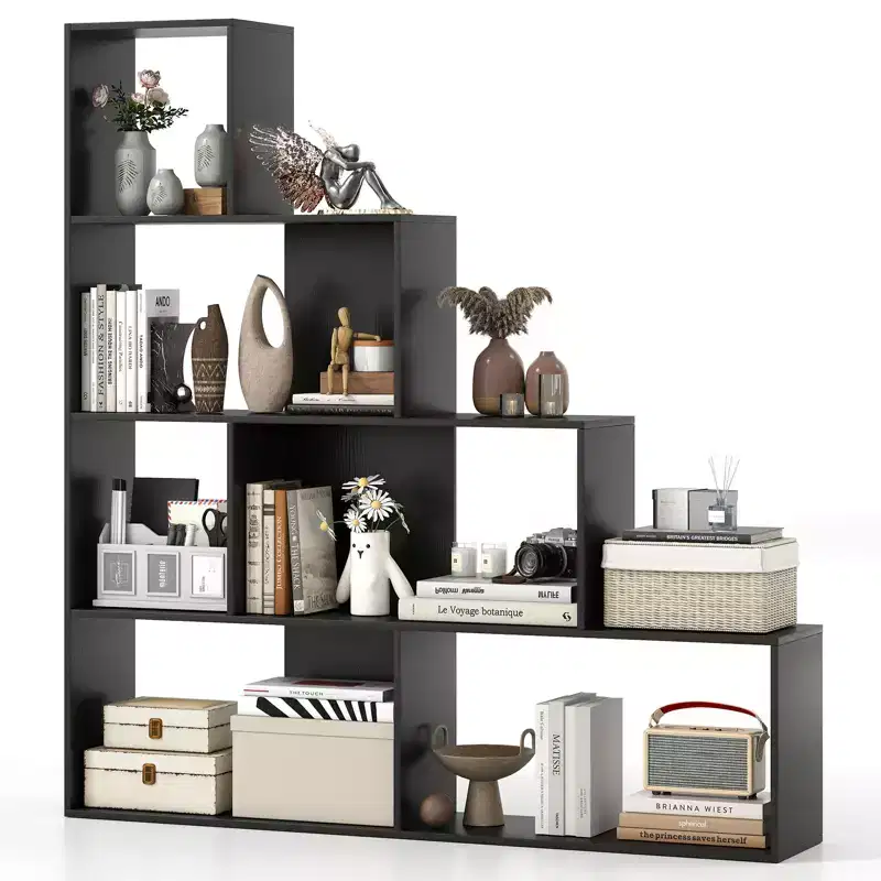 Costway 4-Tier Bookshelf w/ 6 Storage Cubes 64 Tall Modern Geometric Stair Bookcase