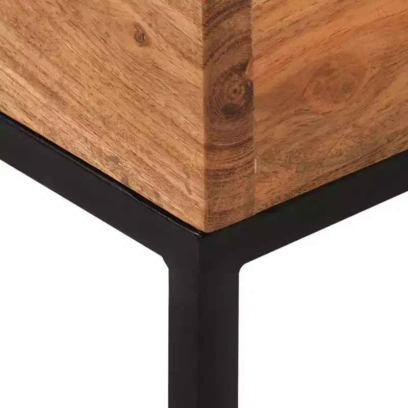 Solid Acacia Wood Side Table with Black Iron Base, 11.8