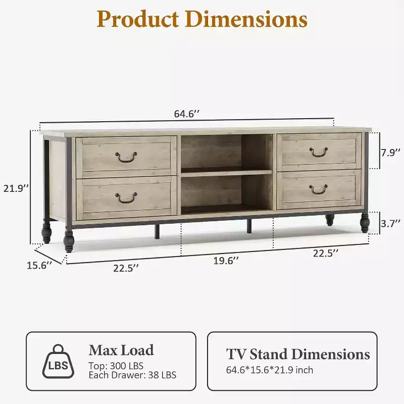 70 Inch Mid-Century Modern TV Stand, Entertainment Center Featuring Metal Roman Columns and Drawer, TV Console Table for Living Room Rustic Grey