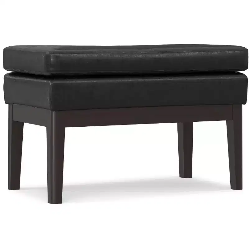 Bragg 27 inch Wide Mid Century Small Ottoman Bench in Distressed Black Vegan Faux Leather