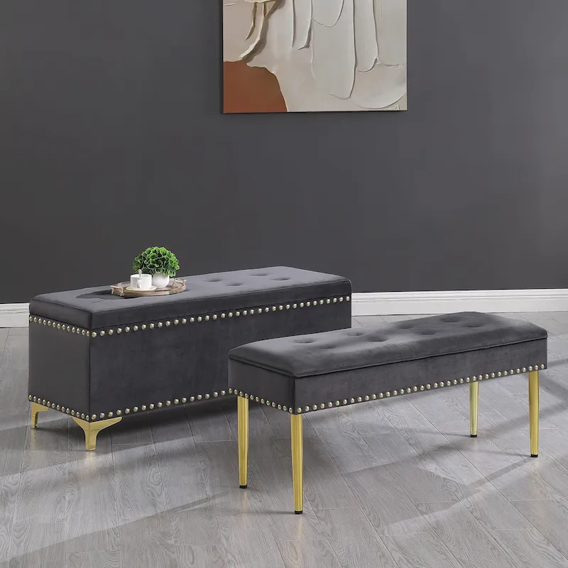 2-in-1 Tufted Velvet Storage Bench Set with Nailhead Trim