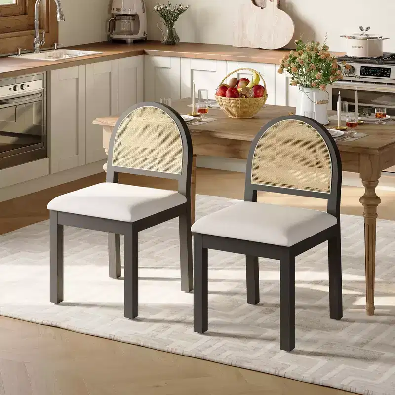 TYBOATLE Mid-Century Modern Dining Chairs with Handwoven Rattan Backrest and Padded Chenille Seat for Kitchen Dining Room