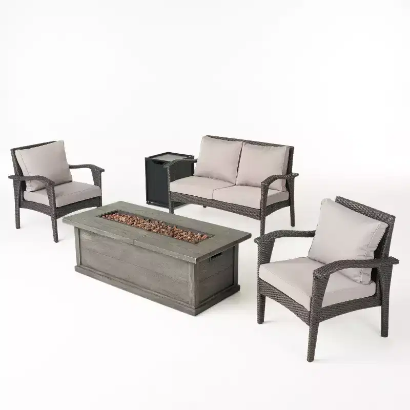 GDFStudio Hilary Outdoor Wicker 4 Seater Chat Set with Fire Pit