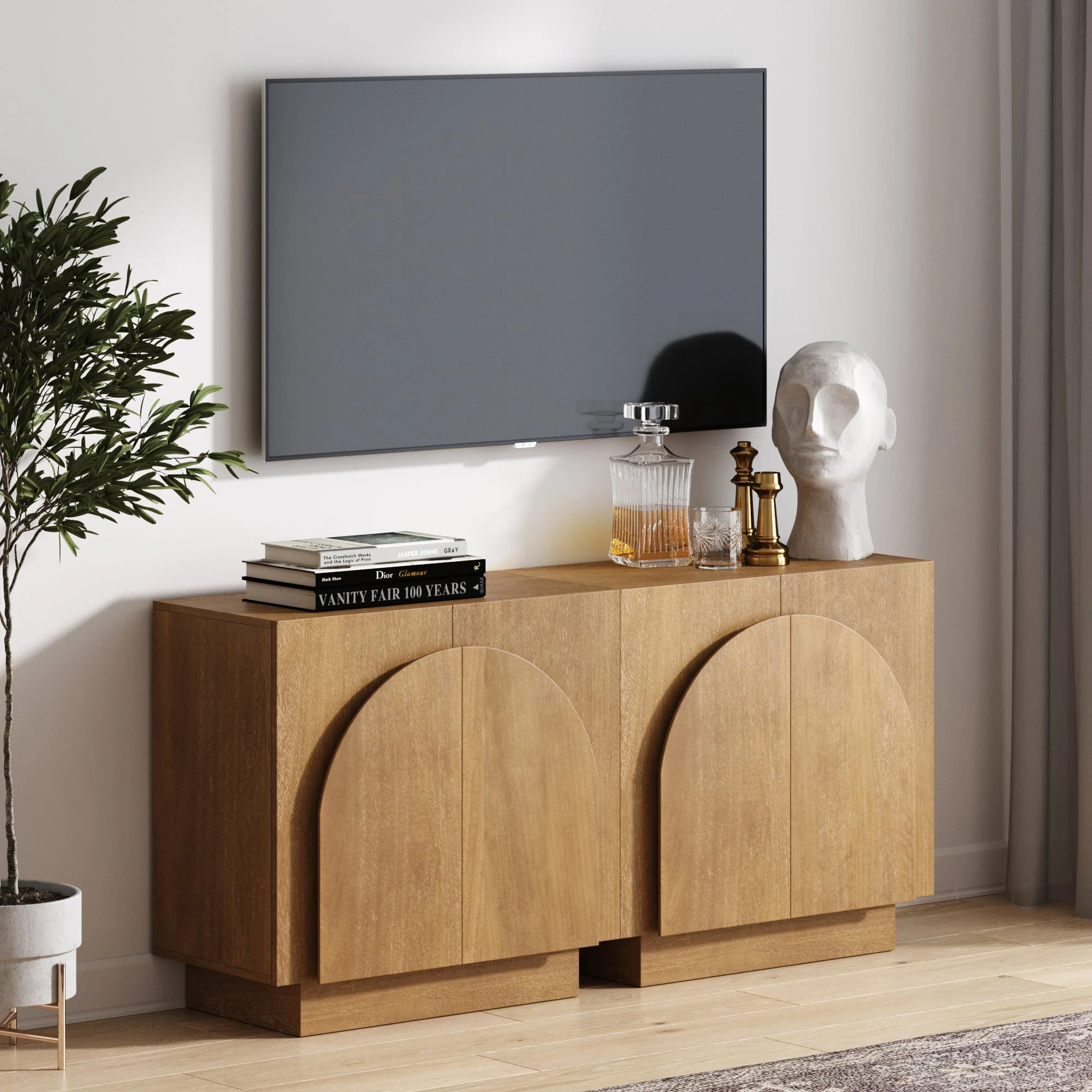 Wood Arched TV Console Stand for TVs up to 65 Light Brown