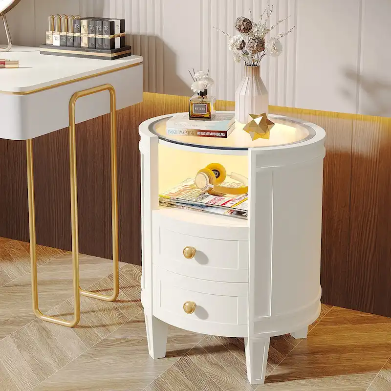 Round Nightstand with 2 Drawers, LED Light and Open Shelf – 25.5 Inch Tall