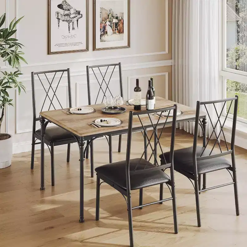 5-Pc Dining Table Set for 4-6 - Kitchen Table with Upholstered Bench, Compact for Small Spaces, Burlywood
