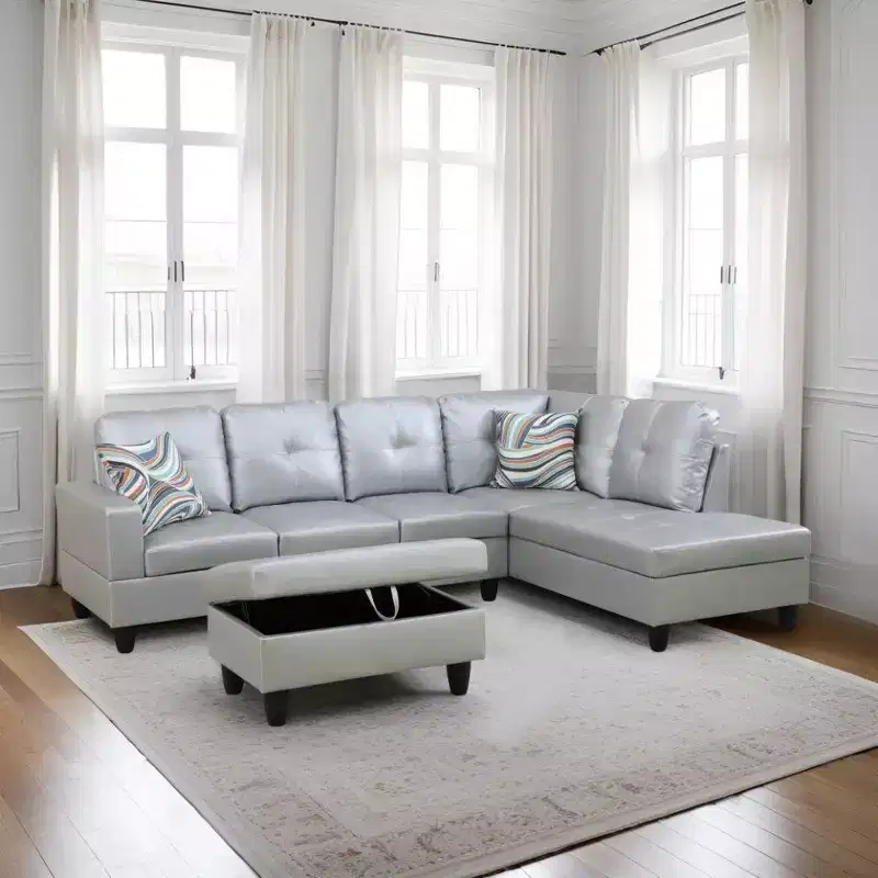 Light Grey Semi-PU Leather Sectional Sofa - Modern L-Shaped Design, Tufted Cushions, Decorative Pillows, Storage Ottoman