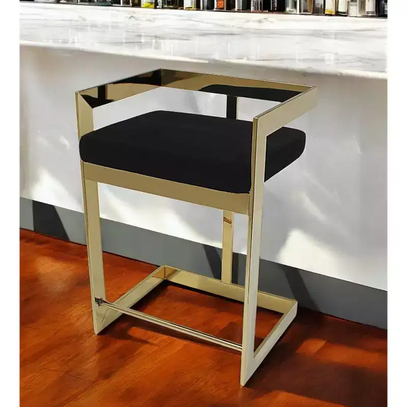 HomeRoots 30 Black and Gold Velvet and Stainless Steel Low Back Bar Height Bar Chair