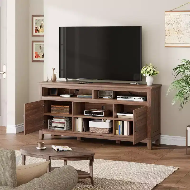 Farmhouse TV Stand for 63 TVs, Entertainment Center with Storage Cabinets & Shelves, Cabinet Doors for Living Room or Bedroom