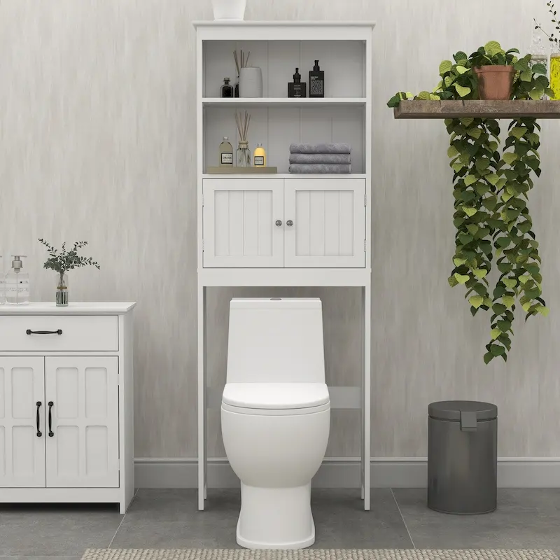 Over The Toilet Rack 2 -Tier Toilet Bathroom Spacesaver Storage Shelf with 2 Doors Wood Storage Organizer Cabinet