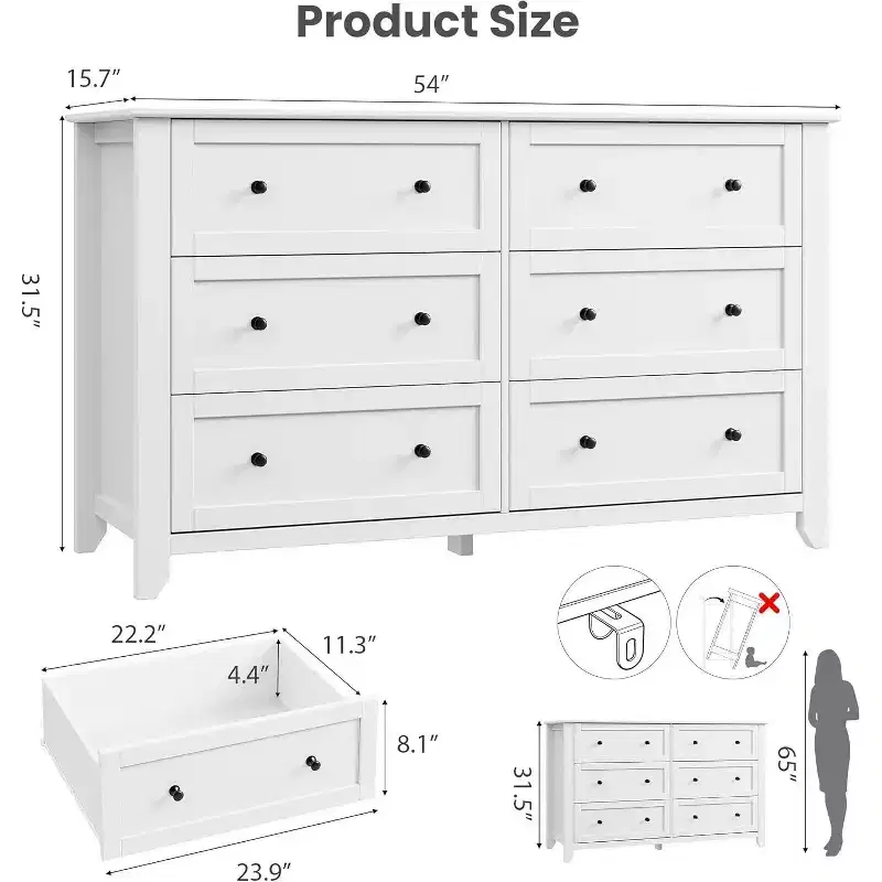 GustoWave Modern 54 Wide Large 6 Drawer Dresser for Bedroom, Entryway, Hallway, White