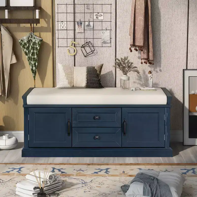 Whisen Classic Style Storage Bench with 2-Drawers,2-Cabinets and Removable Cushion