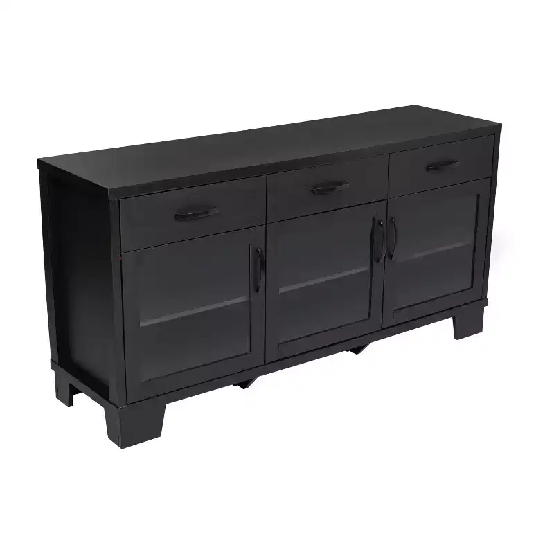 Flash Furniture Wells Modern Kitchen and Dining Room Buffet Sideboard Storage Cabinet, Engineered Wood with 3 Tempered Glass Doors and 3 Drawers