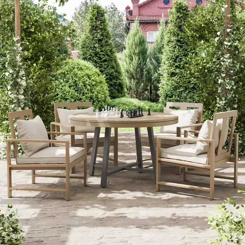 Greemotion 5pc Lyon 3-in-1 Outdoor Convertible Patio Dining Set with Arm Chairs Brown: Modern Aluminum & Teak Table, UV-Resistant