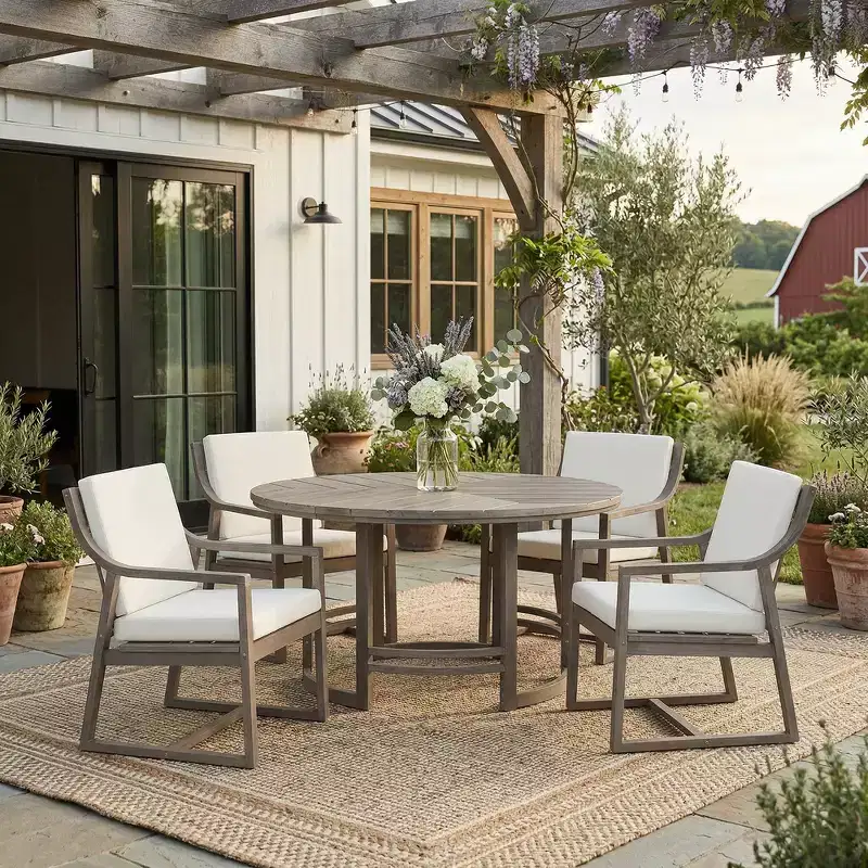 Whisen 5-Piece Outdoor Kitchen Dining Set for 4, Patio Round Dining Table And Chairs Set with Umbrella Hole and Removable Cushions