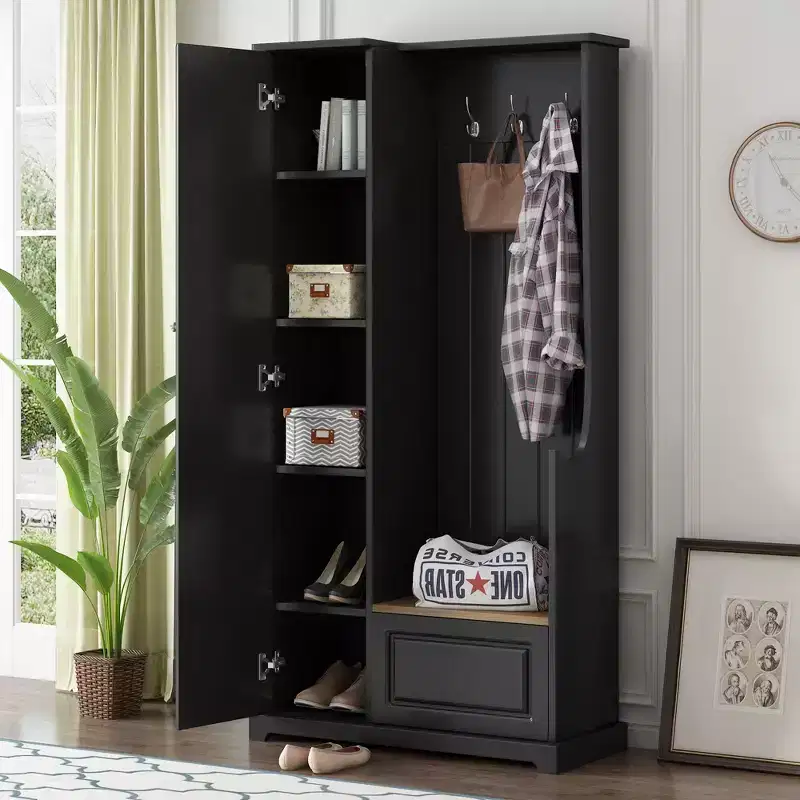 Stylish Hall Tree with Flip-Up Bench, Coat Rack with Shoe Cabinet and Adjustable Shelves, Coat Tree with Hanging Hooks for Entryways, Black