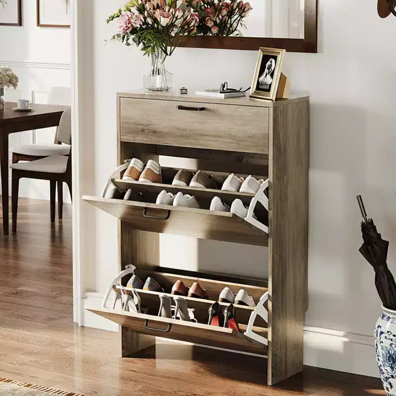 Hidden Shoe Cabinet With 3 Flip Drop-Down Door White & Oak