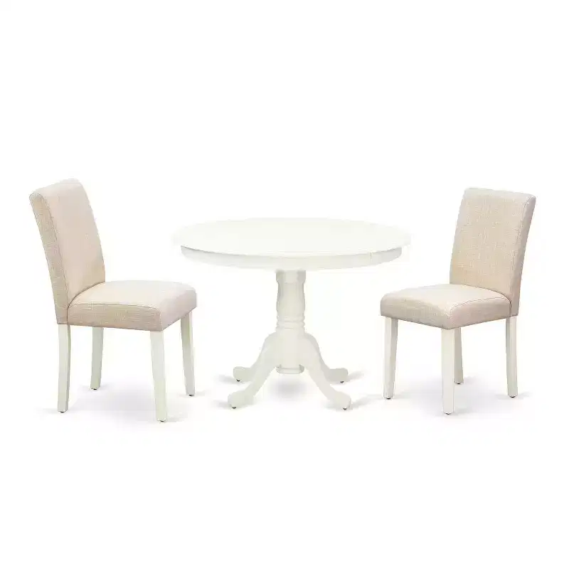 Vintage Round Kitchen Table Set - 3pc Table & 2 Chairs - Linen White Legs - Light Beige Fabric