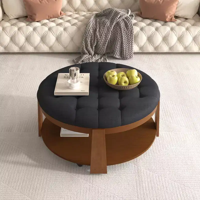 Round Ottoman Coffee Table, Large 2-Tier Button Tufted Upholstered Coffee Table with Wheels, Waterproof Fabric Footrest Ottoman for Living Room