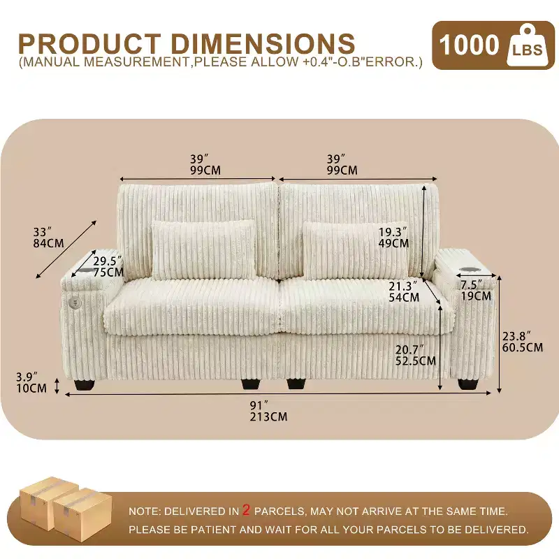 Dyonery 91 Modern Loveseat Sofa with Storage Armrests for Living Room, Corduroy 2 Seater Sofa with Side Pockets/USB Charging & Cup Holders Deep Seat