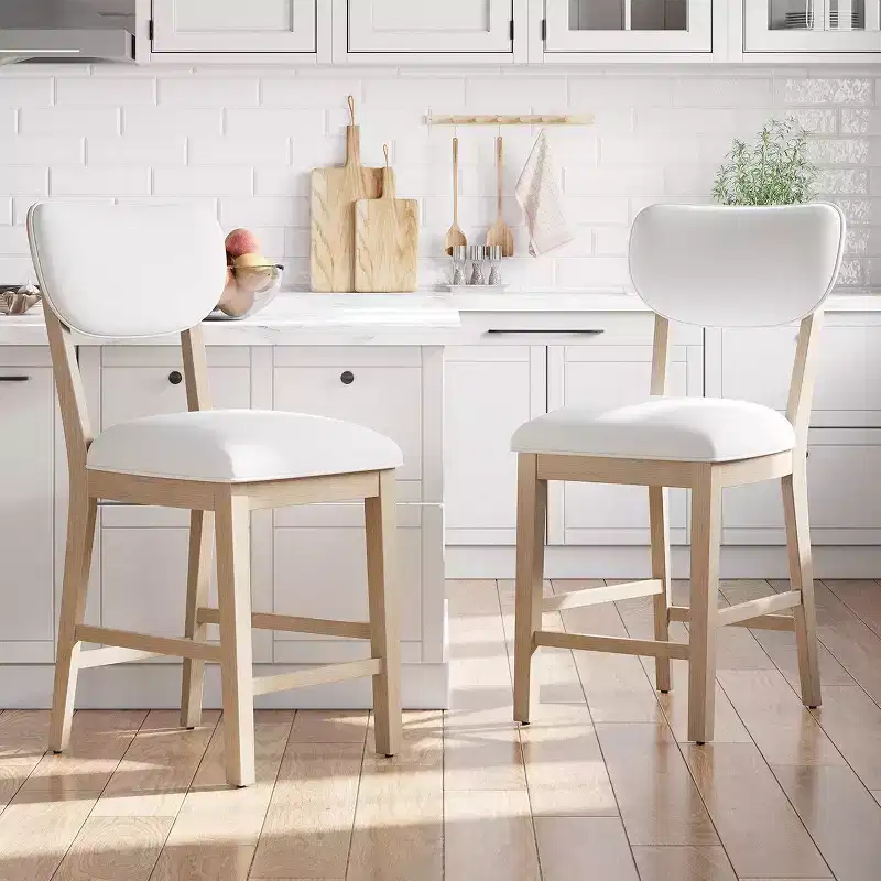 Solid Wood Farmhouse Upholstered Counter Height Bar Stools with Curved Back