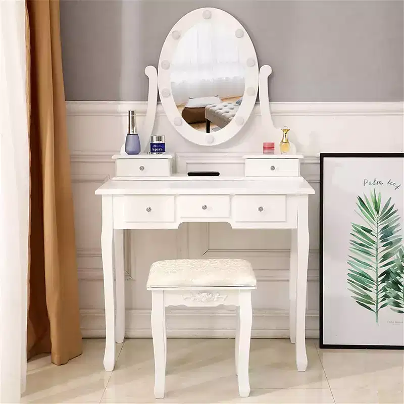 5-Drawer Dressing Table with Single Mirror with Light Bulb Household Accessories