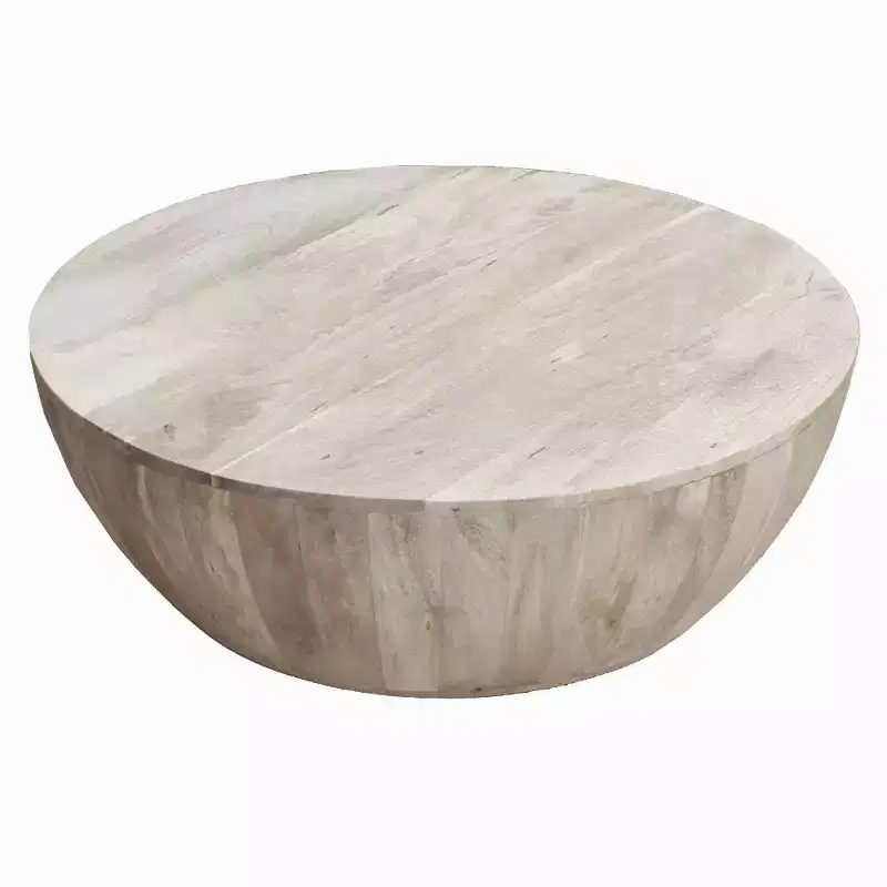 Royal Hampton 35.5 Inch Round Mango Wood Coffee Table, Subtle Grains, Distressed White