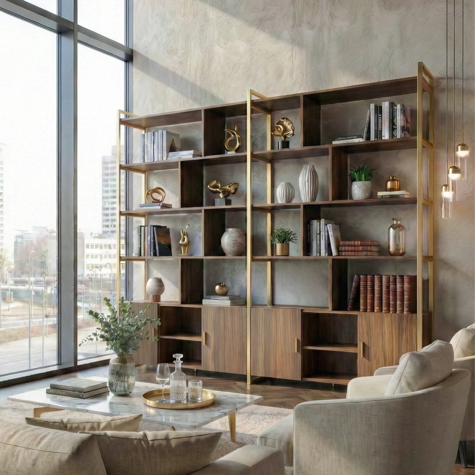 Wood Bookcase Cabinet with Bottom Storage and Adjustable Shelves