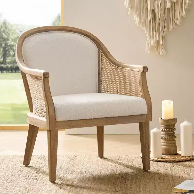 Farmhouse Rattan Barrel Armchair with Solid Wood Frame