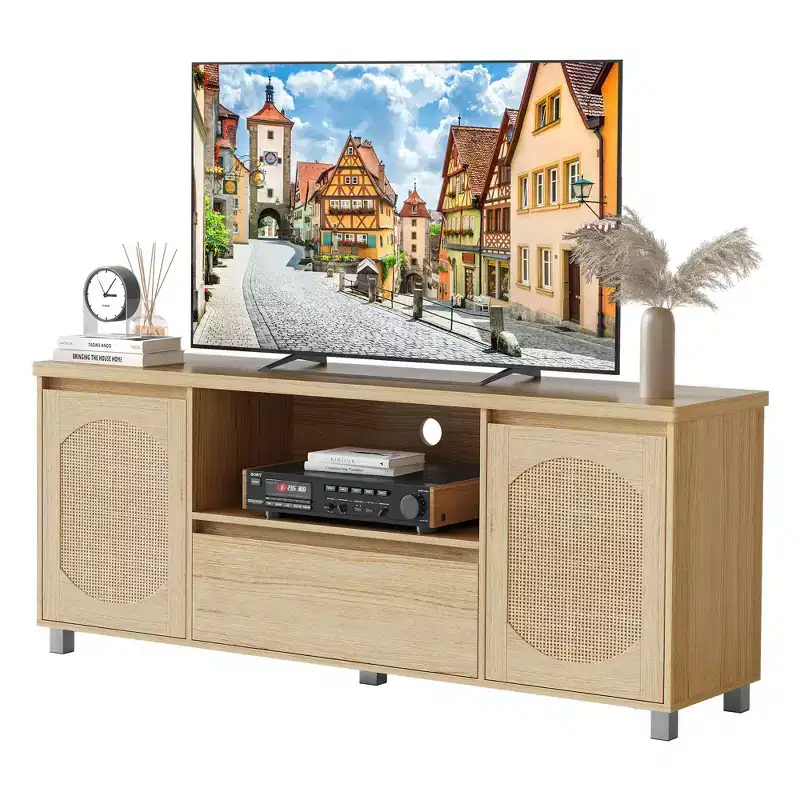 GustoWave Rattan TV Stand for up to 70 TVs, Boho Entertainment Center with Adjustable Shelf & Storage Drawer, Oak